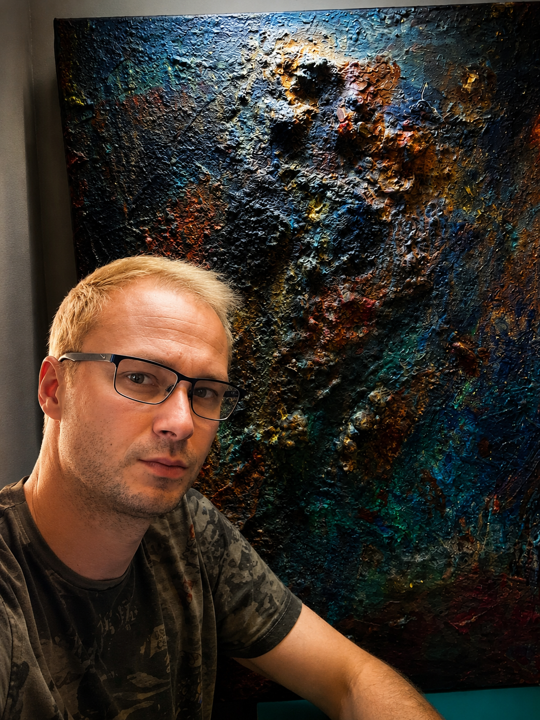 Markus Willems vor einem abstrakten Material- und Strukturwerk im Sediment und Strukturatelier Köln