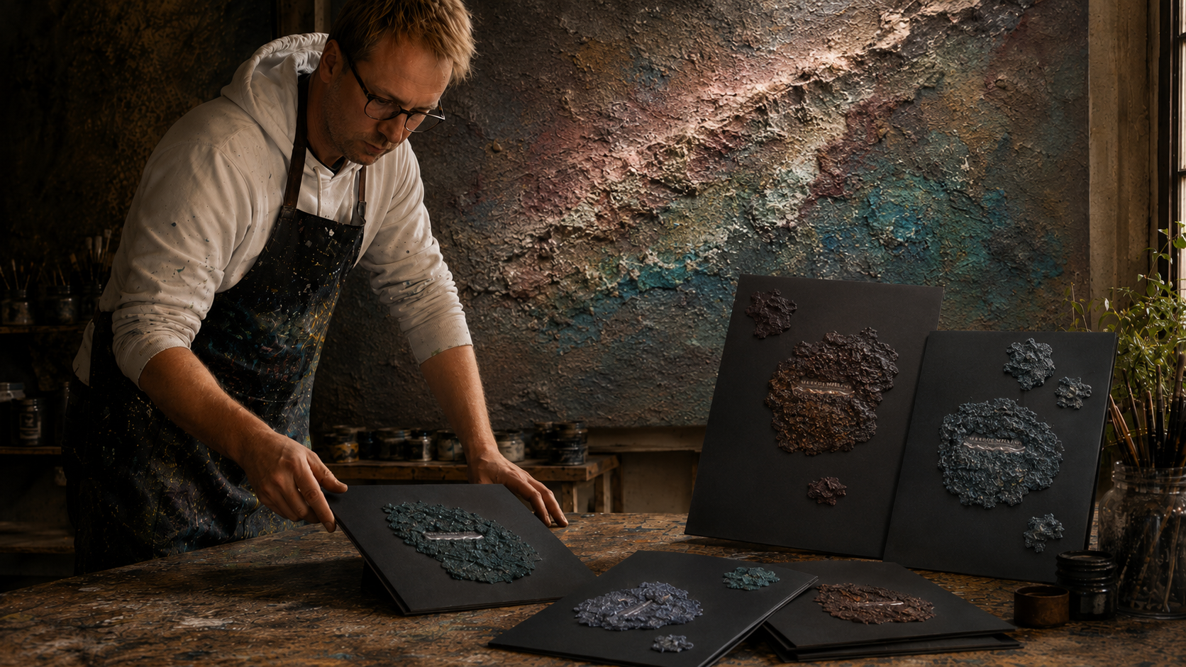 Markus Willems im Atelier mit handgestalteten Werksklappen und materialbasierter abstrakter Kunst
