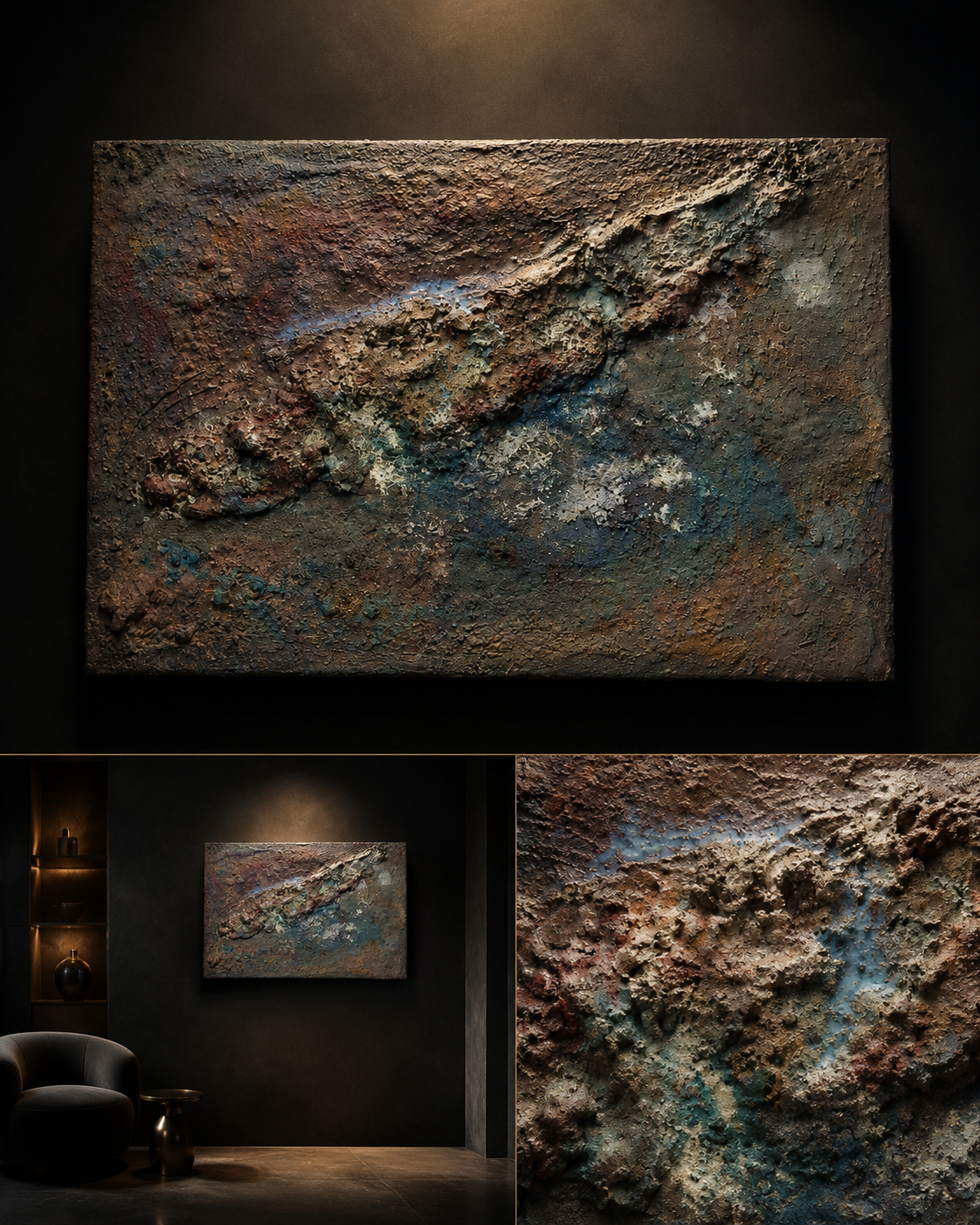 Leuchtender Sedimentbruch der Elemente · abstraktes Gemälde von Markus Willems Köln · 50×70 cm XL-Wall-Leinwand · geologische Bruchstruktur aus Holzkohle, Kupfer-Aluminium-Sulfat und fluoreszierenden Leuchtpigmenten · mineralische Tageswirkung mit atmosphärischer Nachtwirkung · Mixed Media Original kaufen 2026