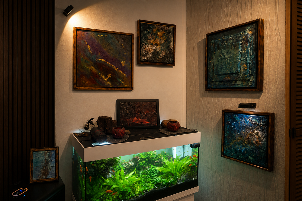 Private Ateliergalerie von Markus Willems in Köln mit mehreren verschiedenen abstrakten Sediment- und Strukturwerken nebeneinander an der Wand
