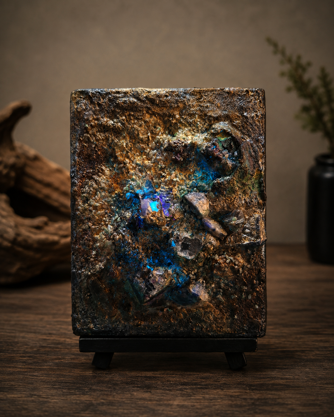 Pulsierender Sedimentkern von Markus Willems, kleines mineralisches Leuchtobjekt auf Staffelei als Schreibtisch- oder Regalstück und leuchtendes Kunstgeschenk, Coelestin, Sodalith und Fuchsit mit cyan-türkisen Leuchtspuren und rosa-violettem Lichtimpuls
