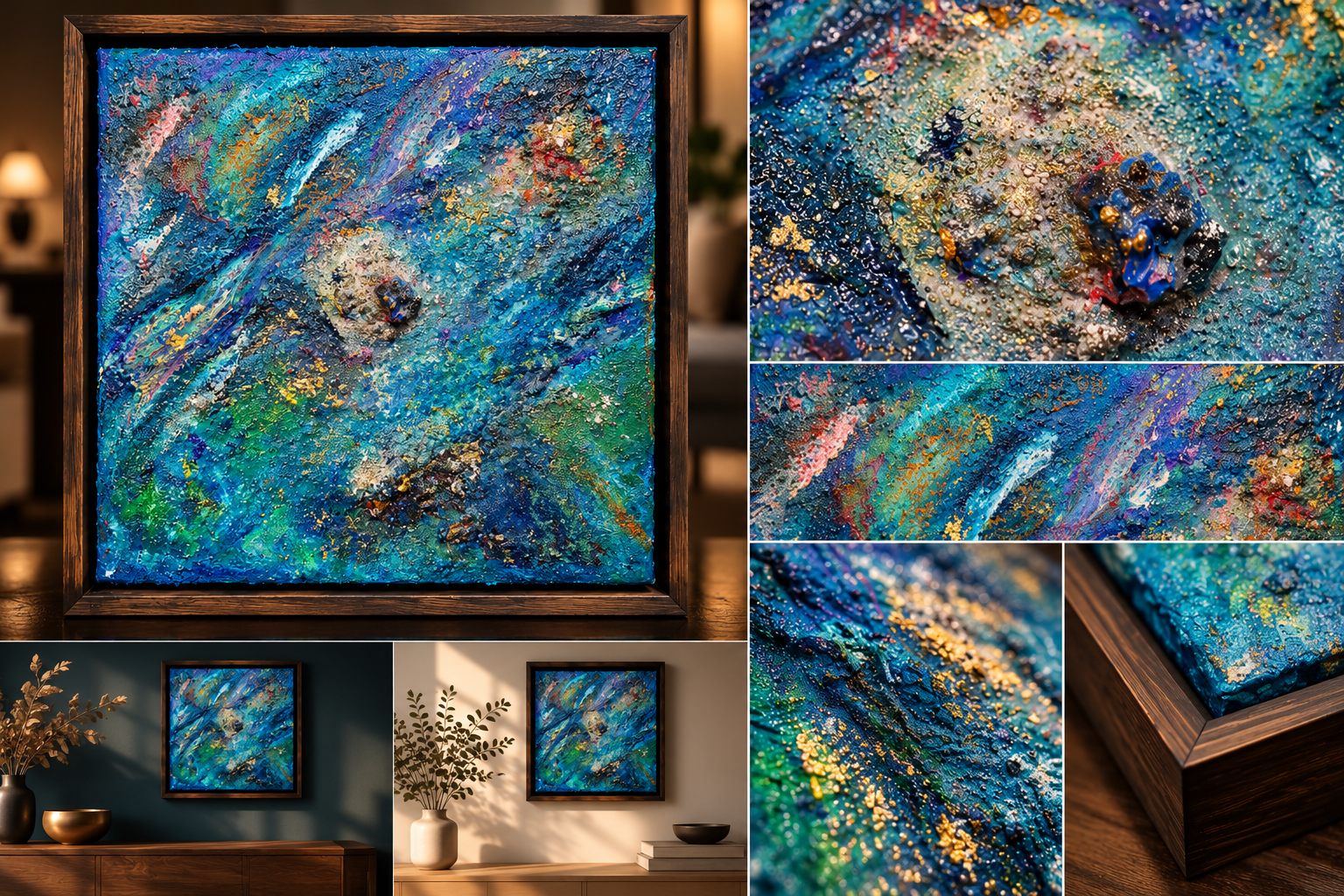 Sediment des Polarlichts von Markus Willems, 30 × 30 cm abstraktes Mixed-Media-Original in kühlen Polarlicht- und Ozeantönen mit Metallic- und Neonakzenten