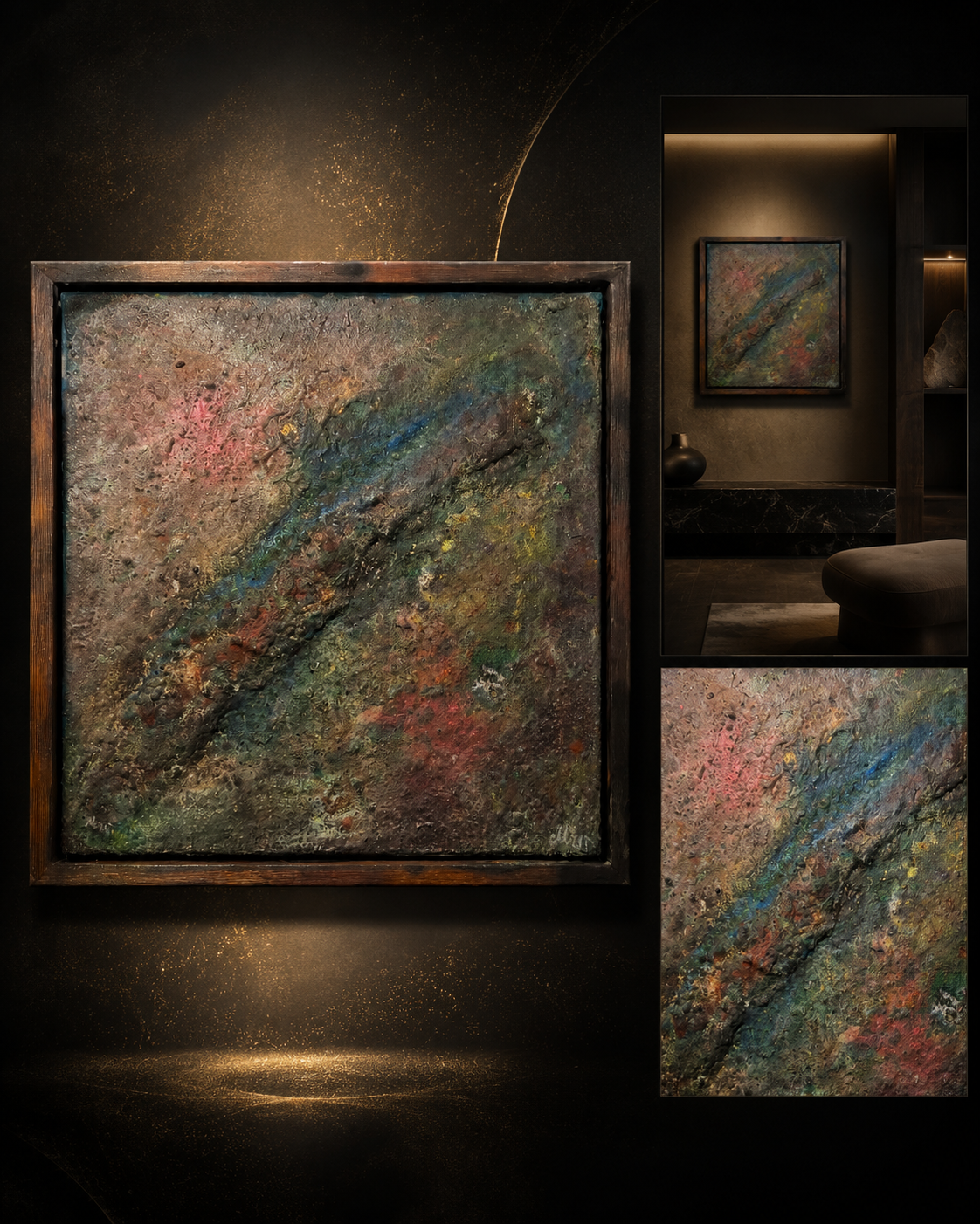 Flusssediment der Erosion · abstraktes Sedimentgemälde von Markus Willems Köln · 40×40 cm gerahmt · Kristallisation, Salzstrukturen und Leuchtpigmente auf sedimentierter Oberfläche · abstrakte Kunst kaufen Köln 2026