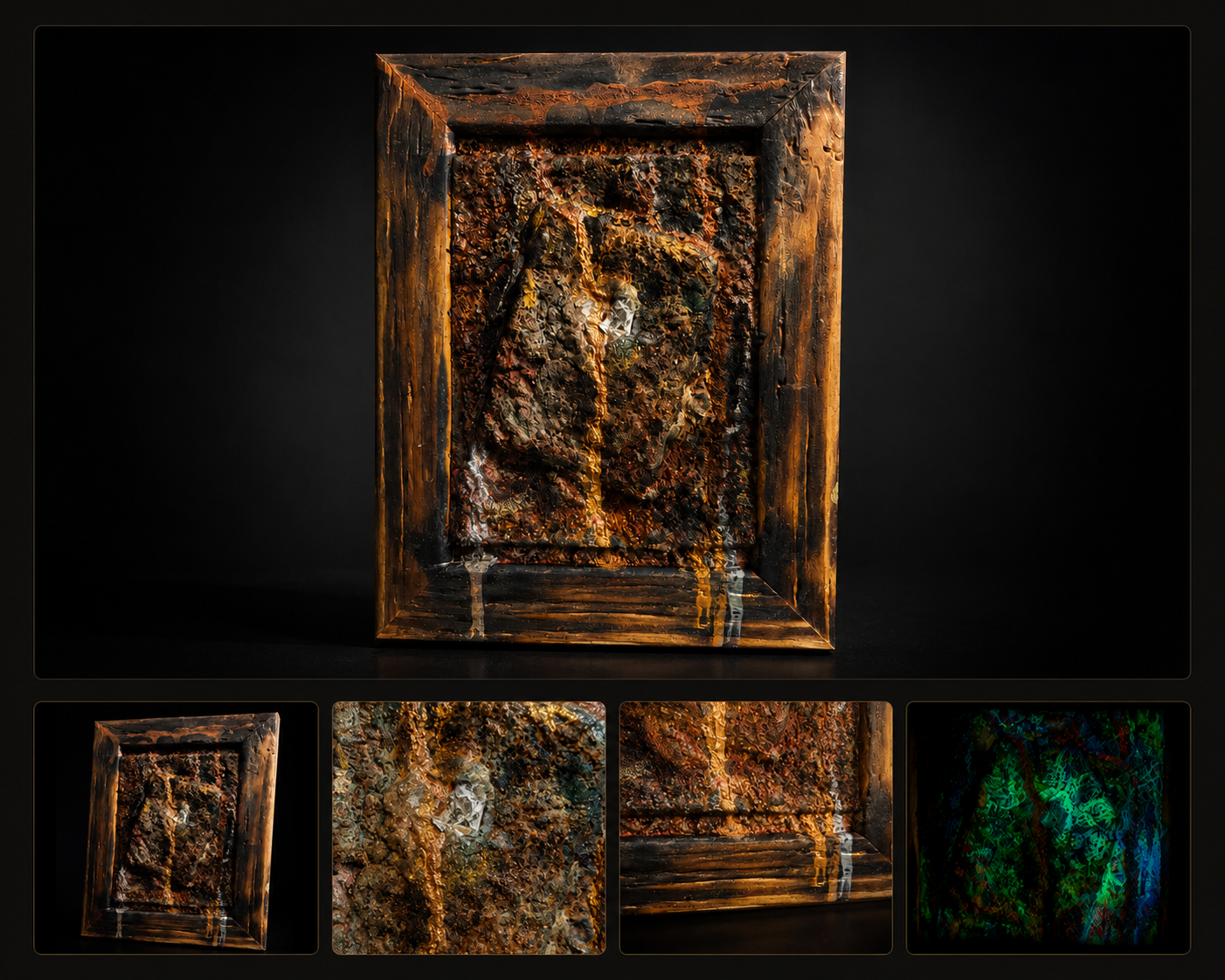 Die fließende Sedimentader von Markus Willems, 13 × 18 cm, Mixed Media Relief mit Bohnerz, Granatmehl und Eisenglimmer – eine goldene Ader läuft durch warme Rost- und Brauntöne über Bild und handgefertigten Sonderrahmen hinweg, im Zentrum integriertes Marienglas