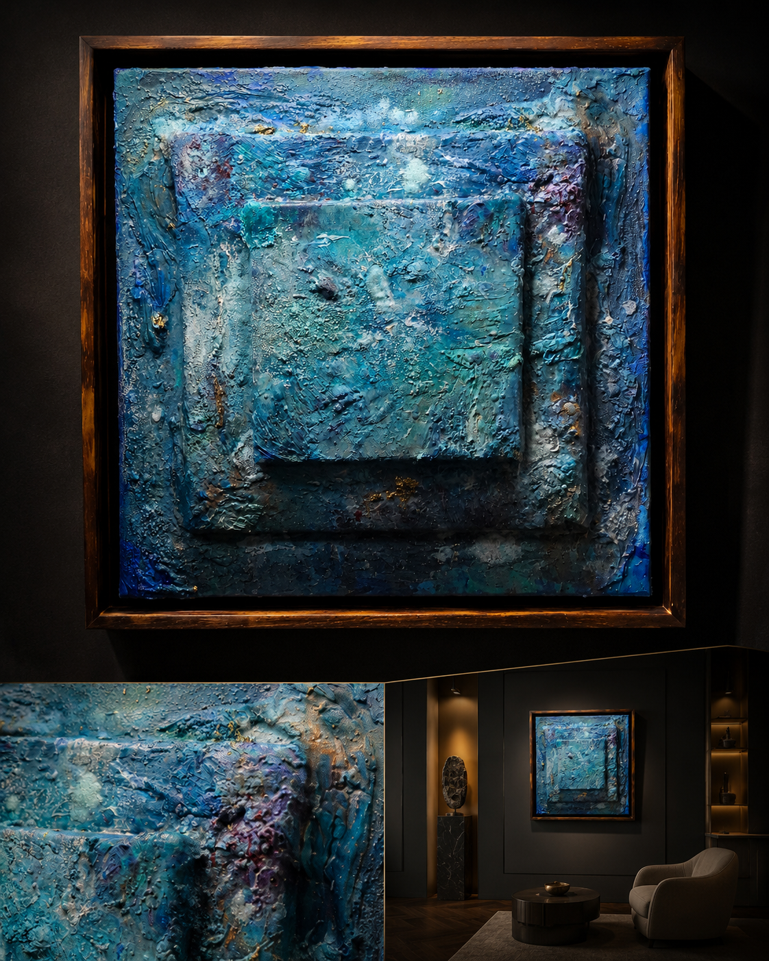 Erosion der Meere · abstrakte Erosionskunst von Markus Willems Köln · 40×40 cm Mixed Media gerahmt · maritime Fließbewegungen und Sedimentspuren als verdichtete Materialoberfläche · Originalkunst kaufen Köln 2026
