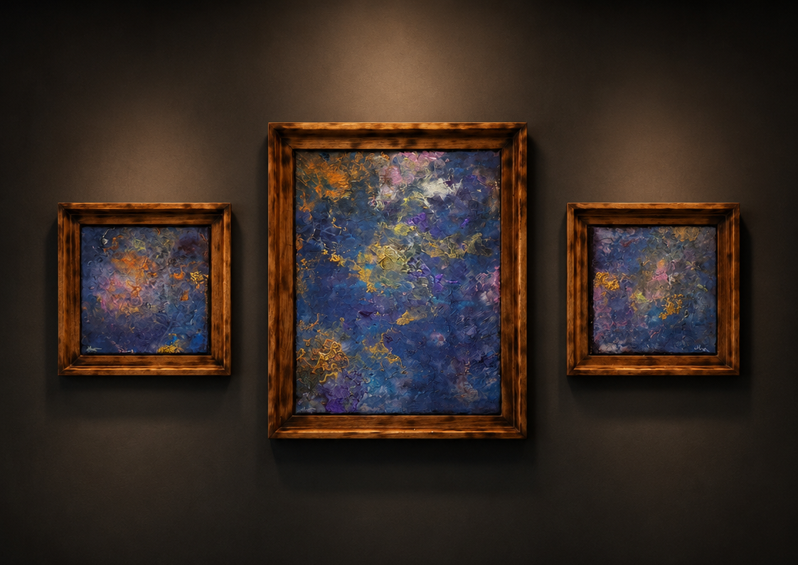 Kosmische Sedimente als gerahmtes Triptychon von Markus Willems