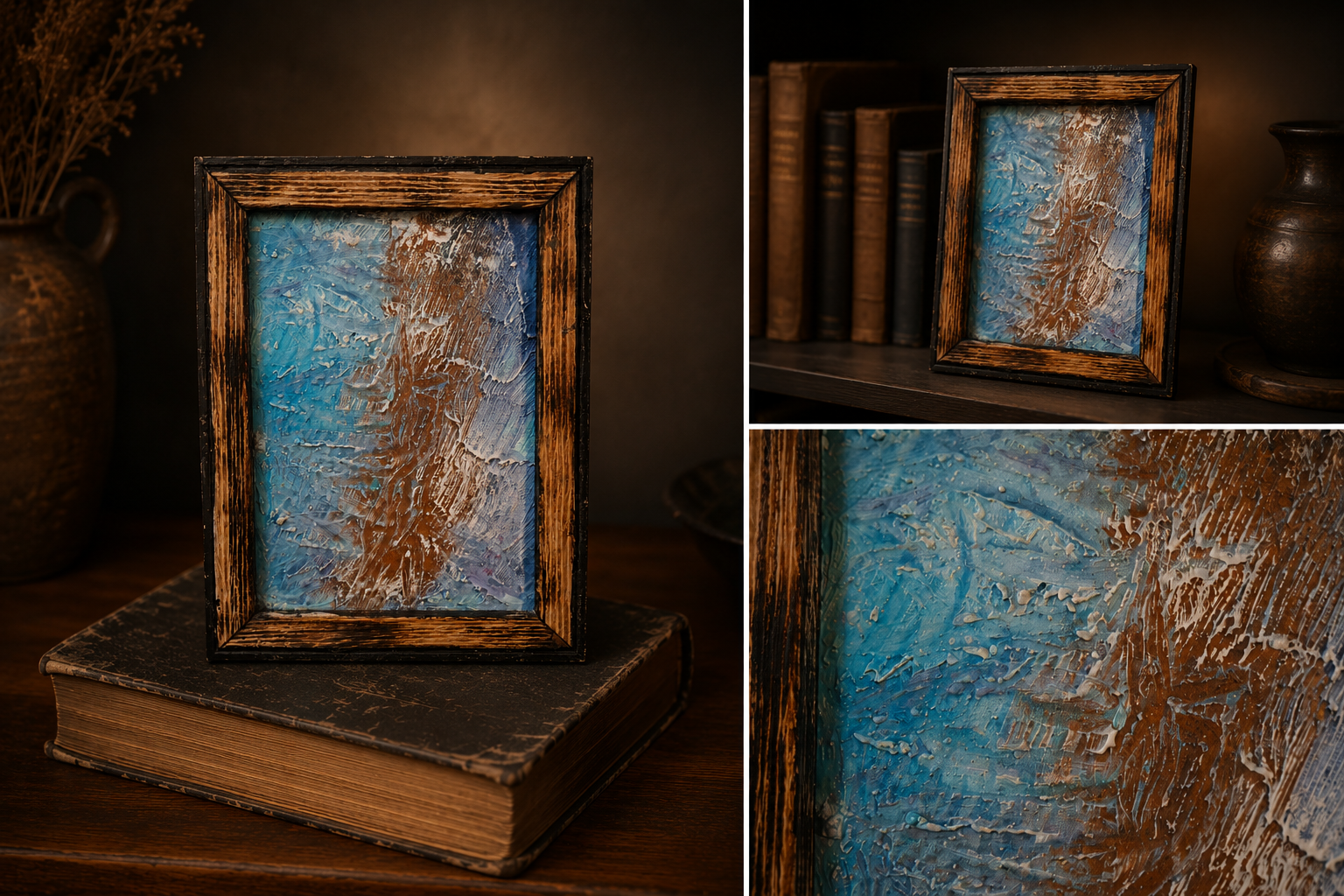 Zwischen Strömung und Wurzel · Mini-Original von Markus Willems Köln · 13×18 cm Mixed Media auf kaschiertem Malträger · kühle Blauzonen mit erdiger wurzelartiger Mittelbewegung in handveredeltem Holzrahmen · Mini-Original kaufen Köln