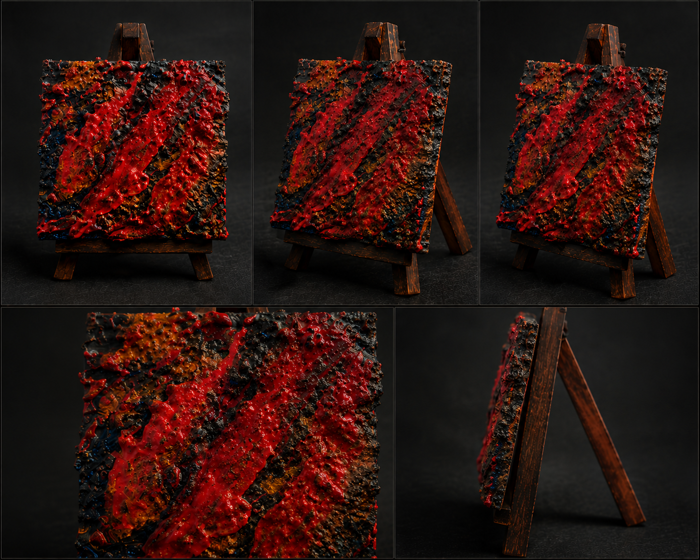Mineralische Glutspur von Markus Willems, 7 × 7 cm Mini-Original auf Staffelei als Schreibtisch- oder Regalstück und kleines Kunstgeschenk, kupferfarbene Reflexe, mineralische Krusten und rot glühende Ader