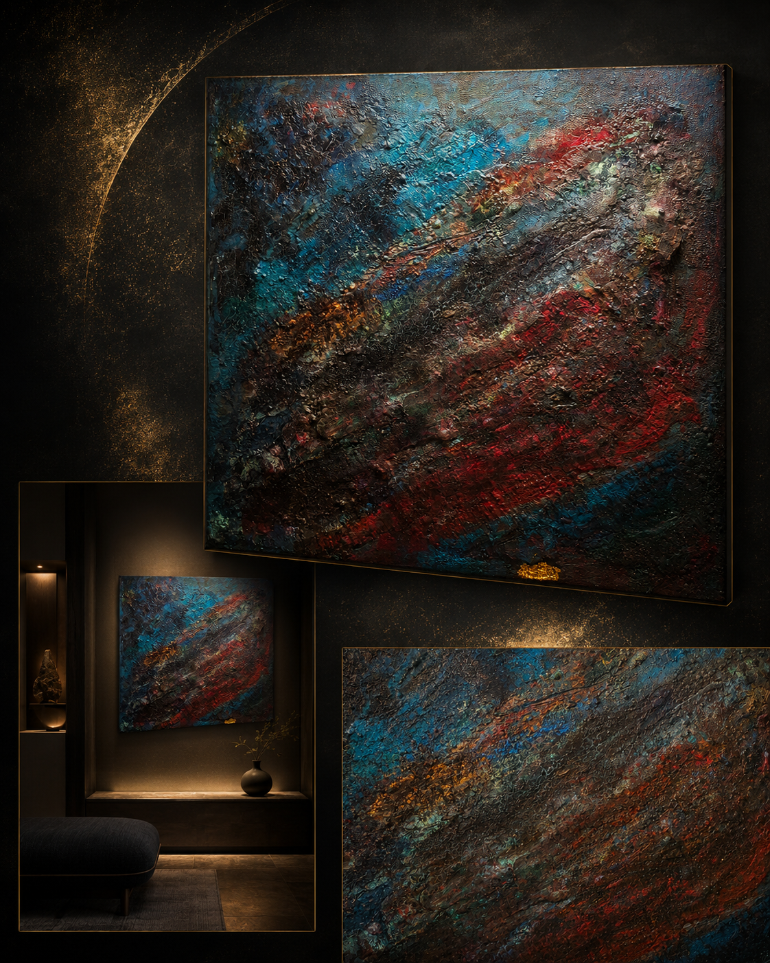 Leuchtende Sedimentenergie im Erosionskörper · abstrakte Strukturkunst von Markus Willems Köln · 50×50 cm Mixed Media · dynamische Erosionslinien mit Leuchtpigmenten, Goldakzent, Satin- und Mattfinish · Originalkunst Köln 2026