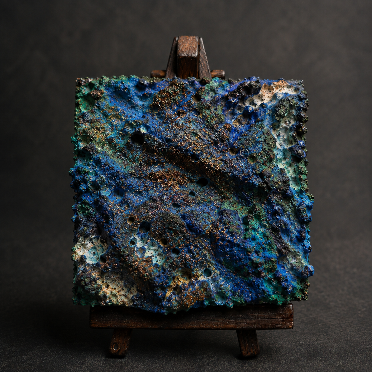 Mineralischer Bergfluss von Markus Willems, 7 × 7 cm Mini-Original auf Staffelei als Schreibtisch- oder Regalstück und kleines Kunstgeschenk, blau-türkise mineralische Schichten mit Erosionszonen und Metallreflexen