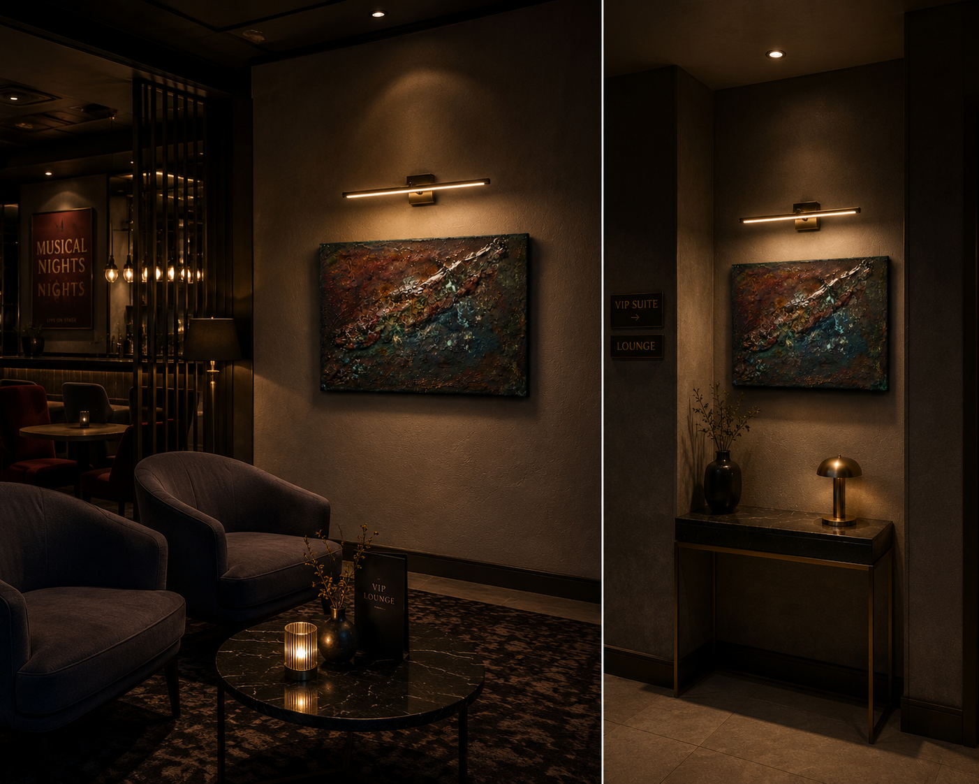 Leuchtender Sedimentbruch der Elemente in einer hochwertigen VIP-Lounge mit warmem Licht, dunkler Wand und ruhiger Atmosphäre