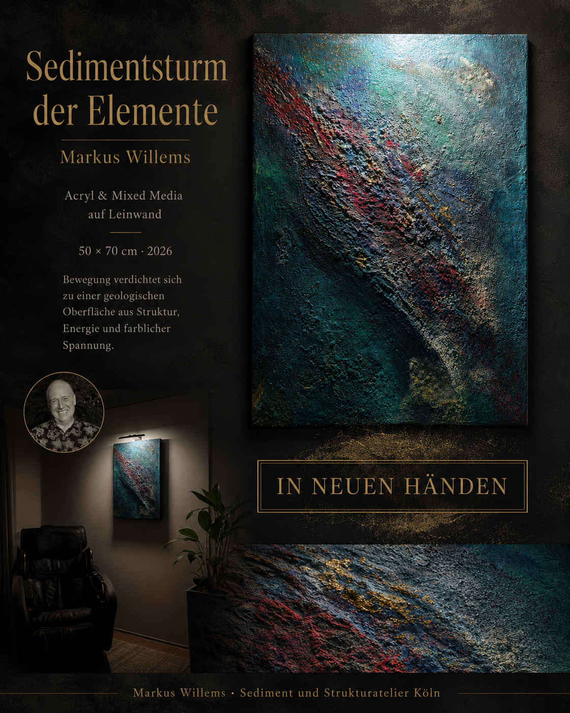 Sedimentsturm der Elemente · abstraktes Gemälde von Markus Willems Köln · 50×70 cm Acryl Mixed Media · kraftvolle Sedimentstruktur mit türkis-rot-violett-goldener Farbspannung · archiviertes Original in neuen Händen 2026