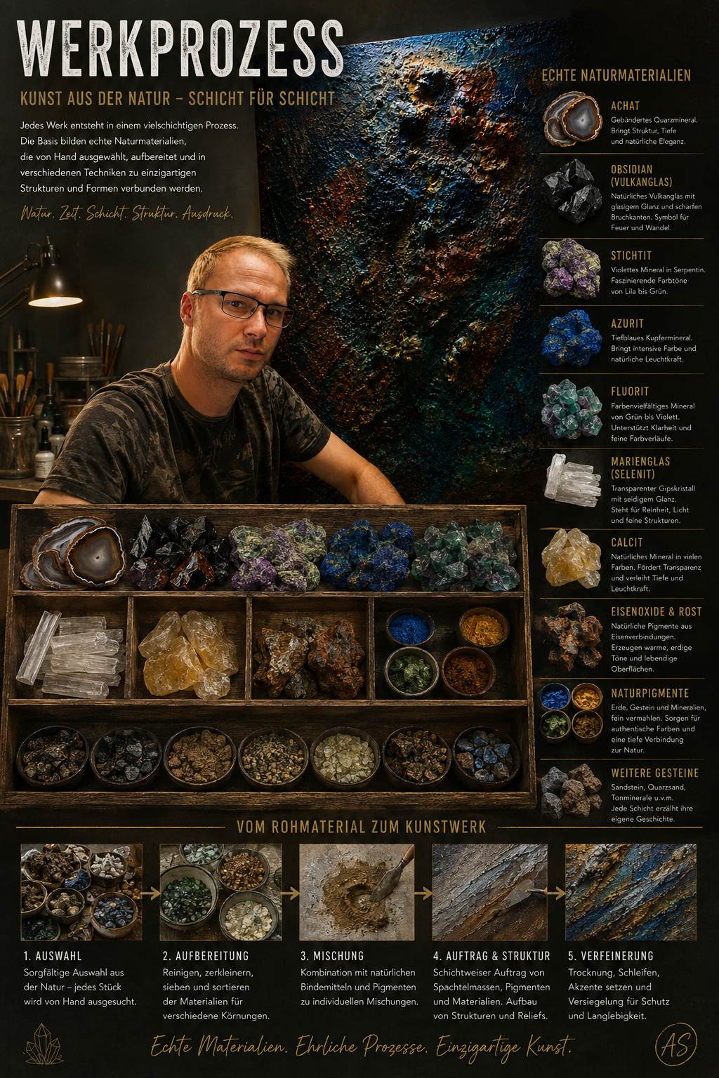 Werkprozess von Markus Willems mit Natursteinen, Mineralien und Materialschichten