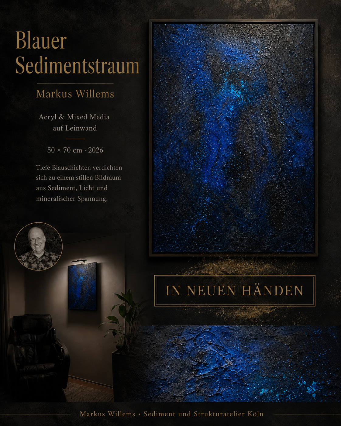 Blauer Sedimenttraum von Markus Willems – archiviertes abstraktes Mixed-Media-Original in neuen Händen mit intensiven Blautönen, Sedimentstruktur, Reliefoberfläche, Leuchtpigmenten und handveredeltem Schattenfugenrahmen