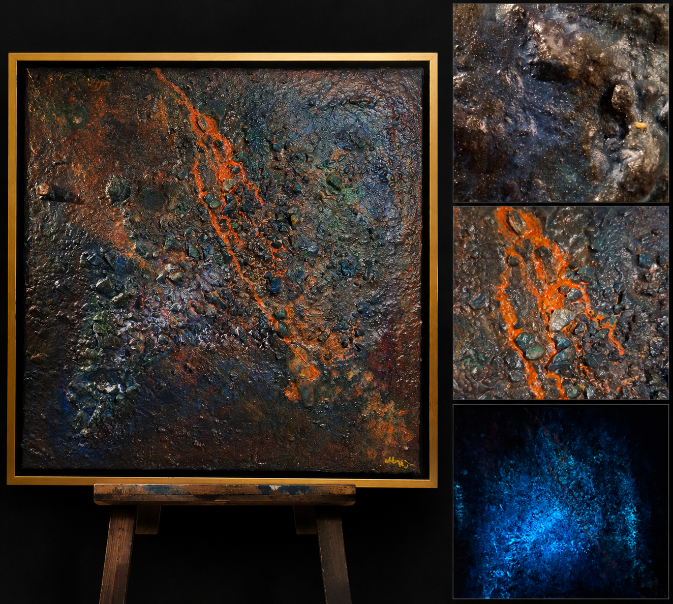 Das geheime Sediment unter der Erosion von Markus Willems, finales 50 × 50 cm Mixed-Media-Original mit mineralischem Relief, orangefarbener Erosionsader und lichtaktiven Pigmenten im goldfarbenen Schattenfugenrahmen