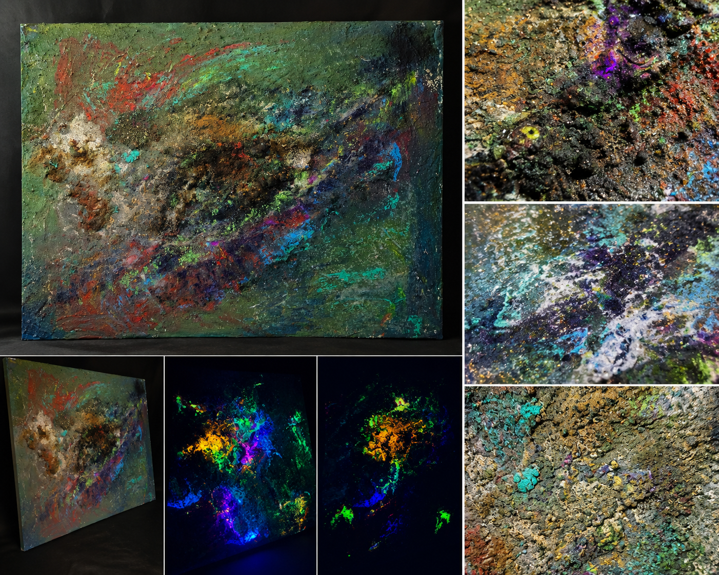 Atelierstatus eines neuen 60 × 80 × 7,5 cm XL-Wall Werkes von Markus Willems · materialbasierter Bildkörper mit Sediment, Relief, Metallreaktion, Leuchtpigmenten und Prozessansicht für die Kollektion