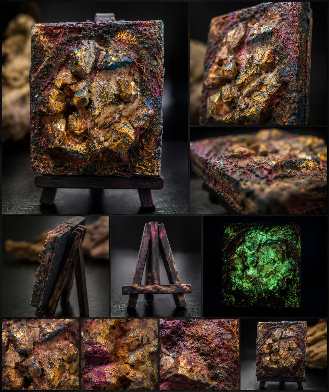 Leuchtende Kristallerosionsader von Markus Willems, 7 × 10 cm Sedimentfragment auf individuell bearbeiteter Mini-Staffelei mit Coelestin, vermutlich amethysthaltigem Gestein, goldfarbenen Akzenten und grünlich nachleuchtendem Leuchtpigmentsand