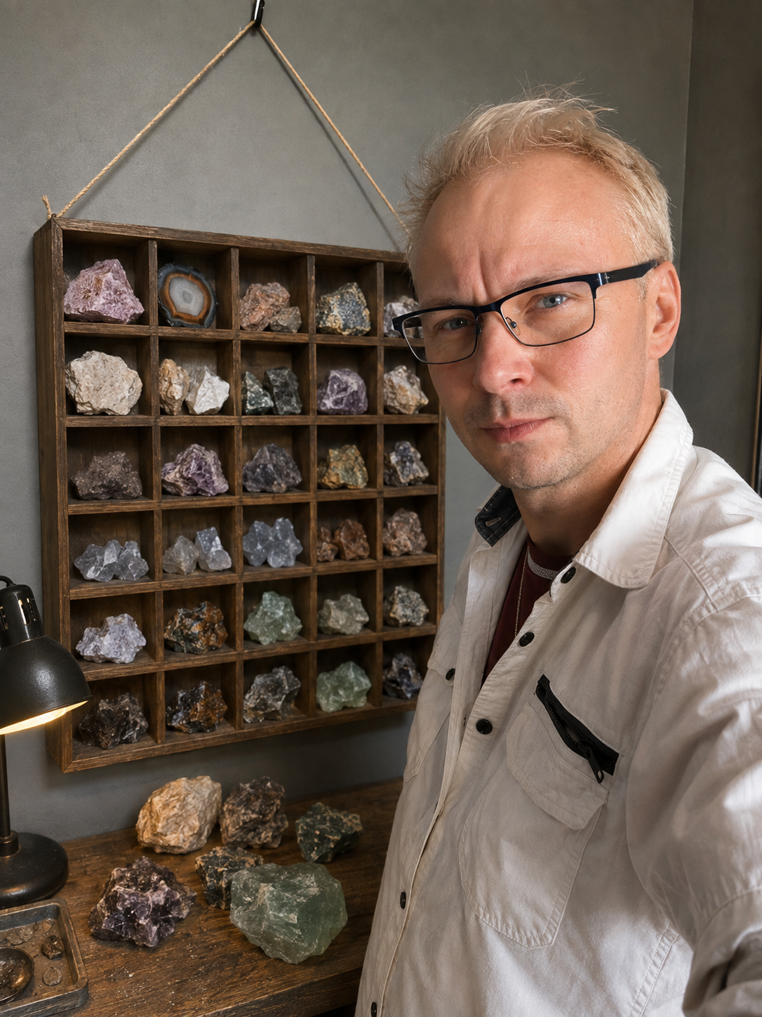 Markus Willems vor seinem Materialregal mit Natursteinen und Mineralien im Atelier in Köln