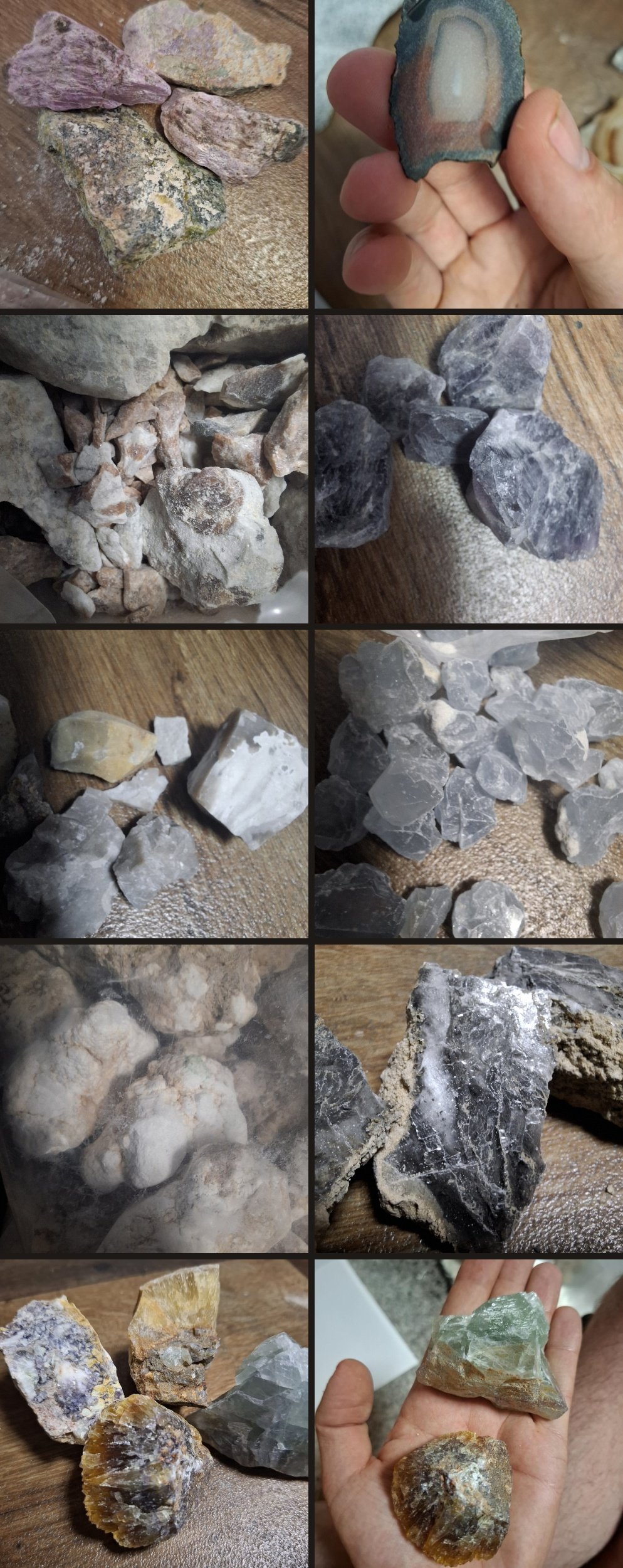 Dokumentierte Auswahl unterschiedlicher Natursteine und Mineralien vor der Bearbeitung für Materialkunst