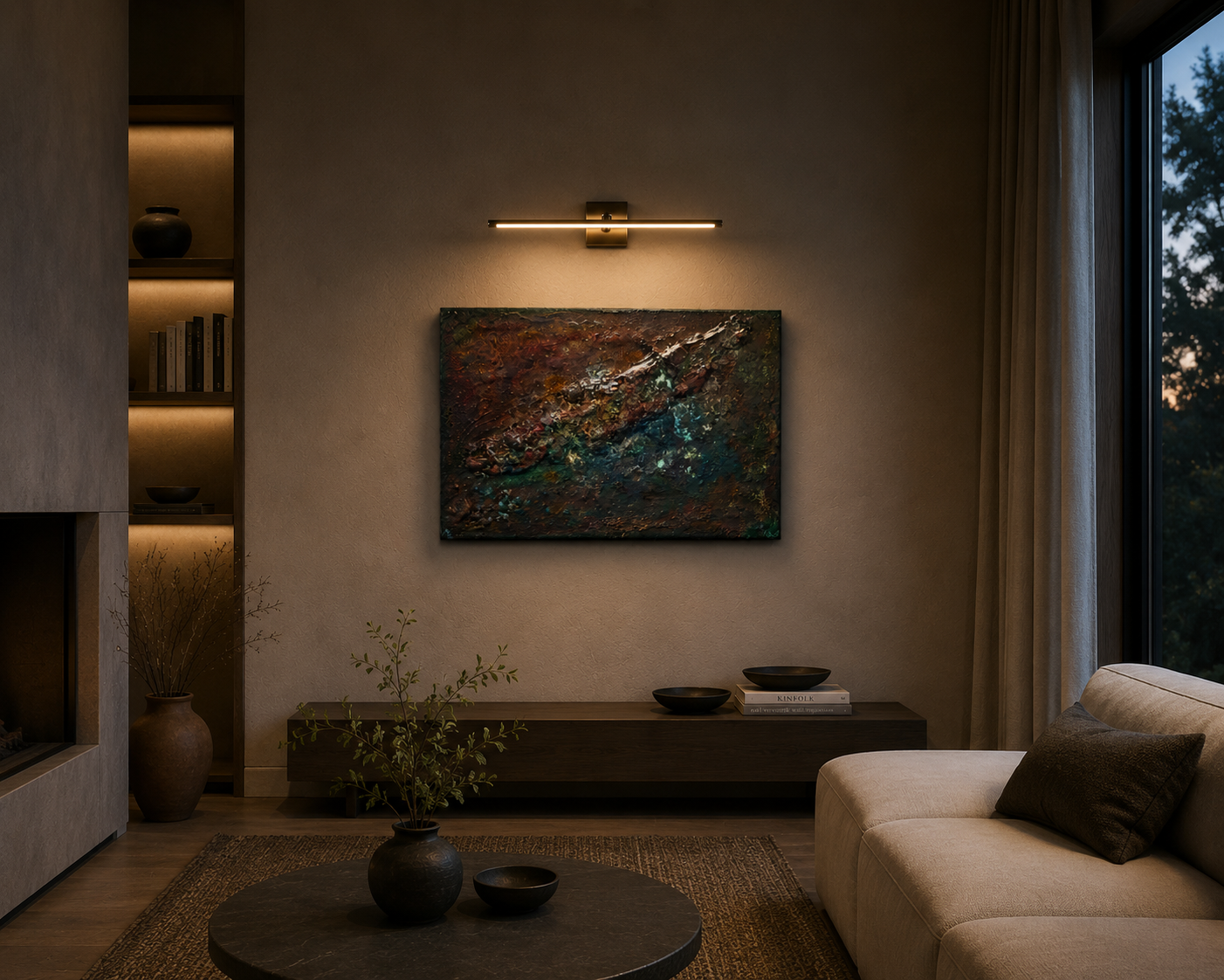 Leuchtender Sedimentbruch der Elemente in einem ruhigen Wohnraum mit warmem Licht, Sofa und natürlicher Atmosphäre