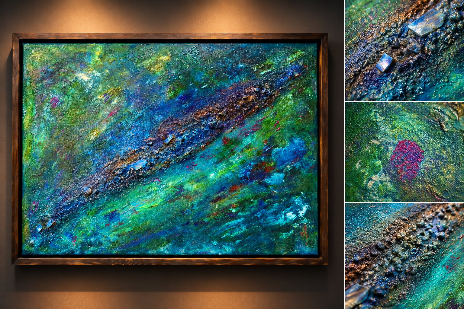 Die strömende Sedimentader von Markus Willems, 50 × 70 cm Mixed-Media-Original mit mineralischer Sedimentader in Eisblau, Türkis, Grün, Neon und Gold