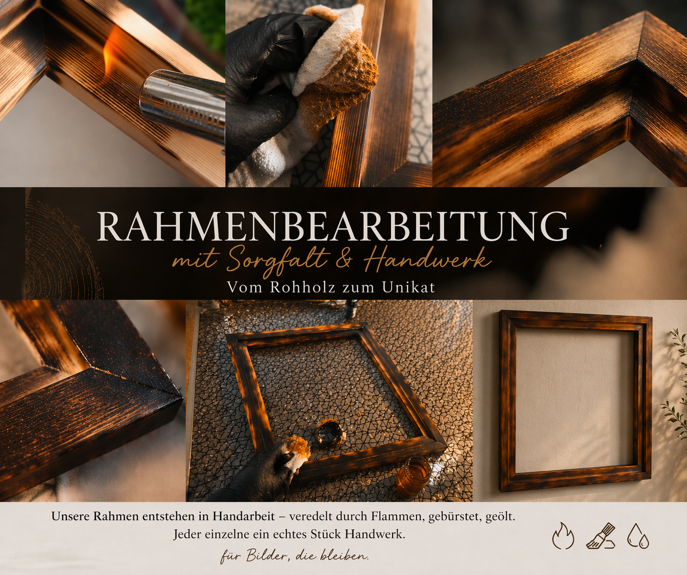 Handbearbeitete Rahmung und Werkveredelung von Markus Willems mit geflämmtem Naturrahmen, Schattenfugenrahmen, Finish und abstrakter Materialkunst