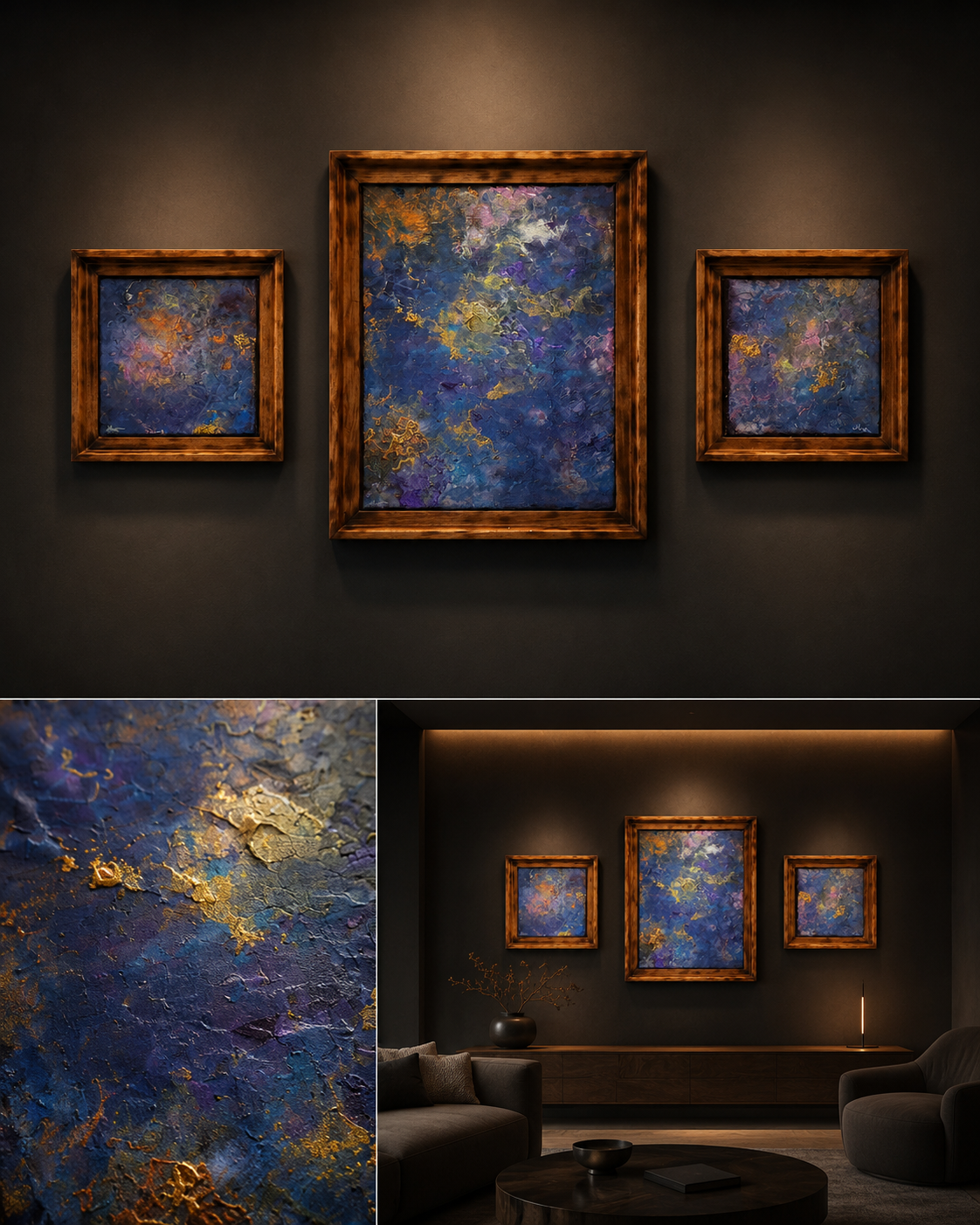 Kosmische Sedimente · abstraktes Triptychon von Markus Willems Köln · dreiteilige Pigmentreaktion mit kosmisch wirkender Sedimentstruktur · Mixed Media Originalkunst kaufen Köln 2026
