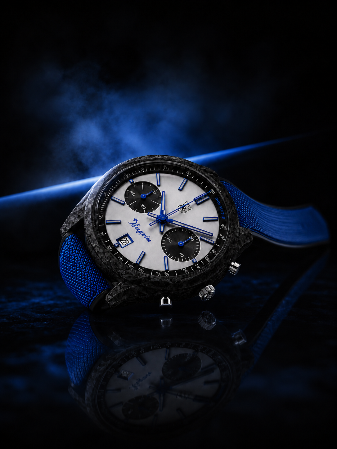 Kingpin private commission watch with silver dial, blue hands and blue strap — approved hero photograph