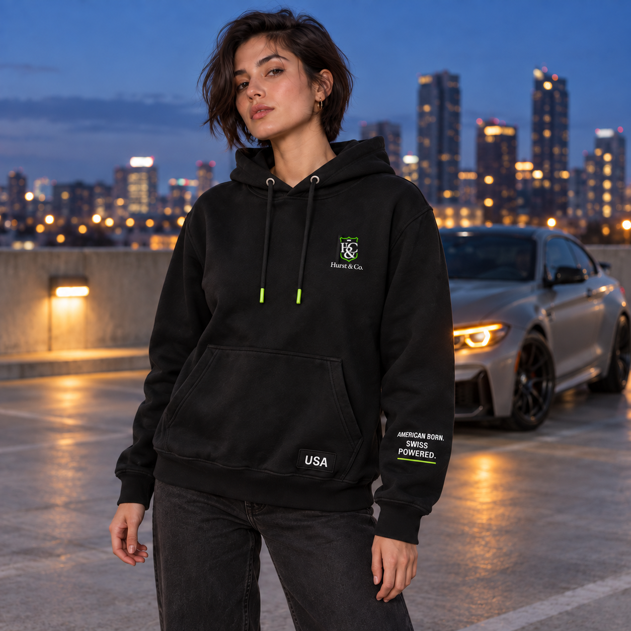 Paddock hoodie — lifestyle campaign photograph