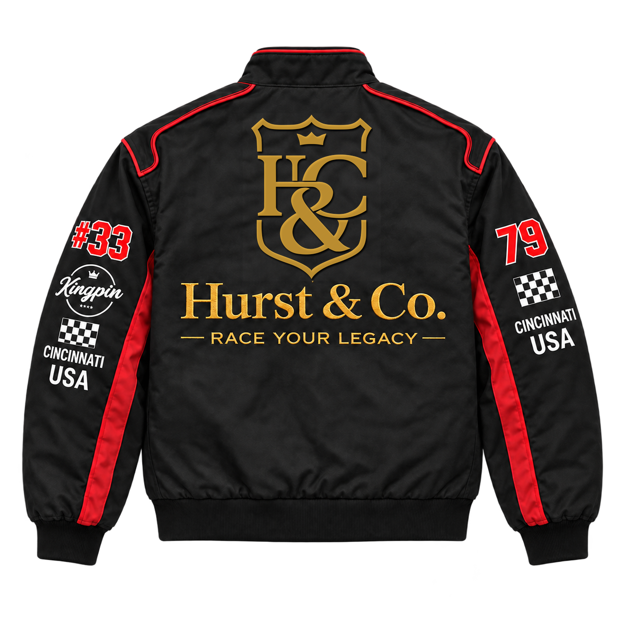 Race jacket — gold crest back view with matching 79 and #33 sleeves