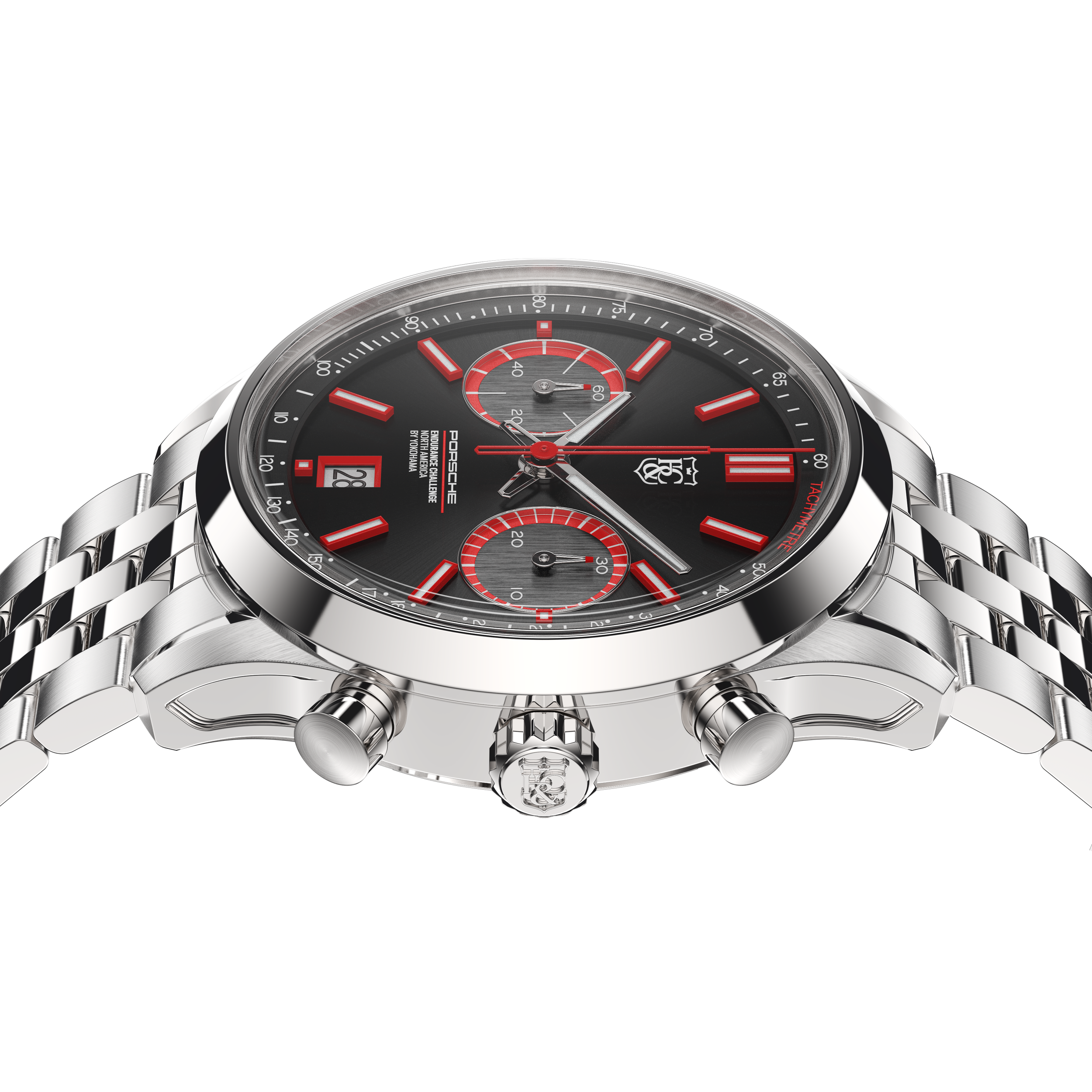 Crown, chronograph pushers and case profile