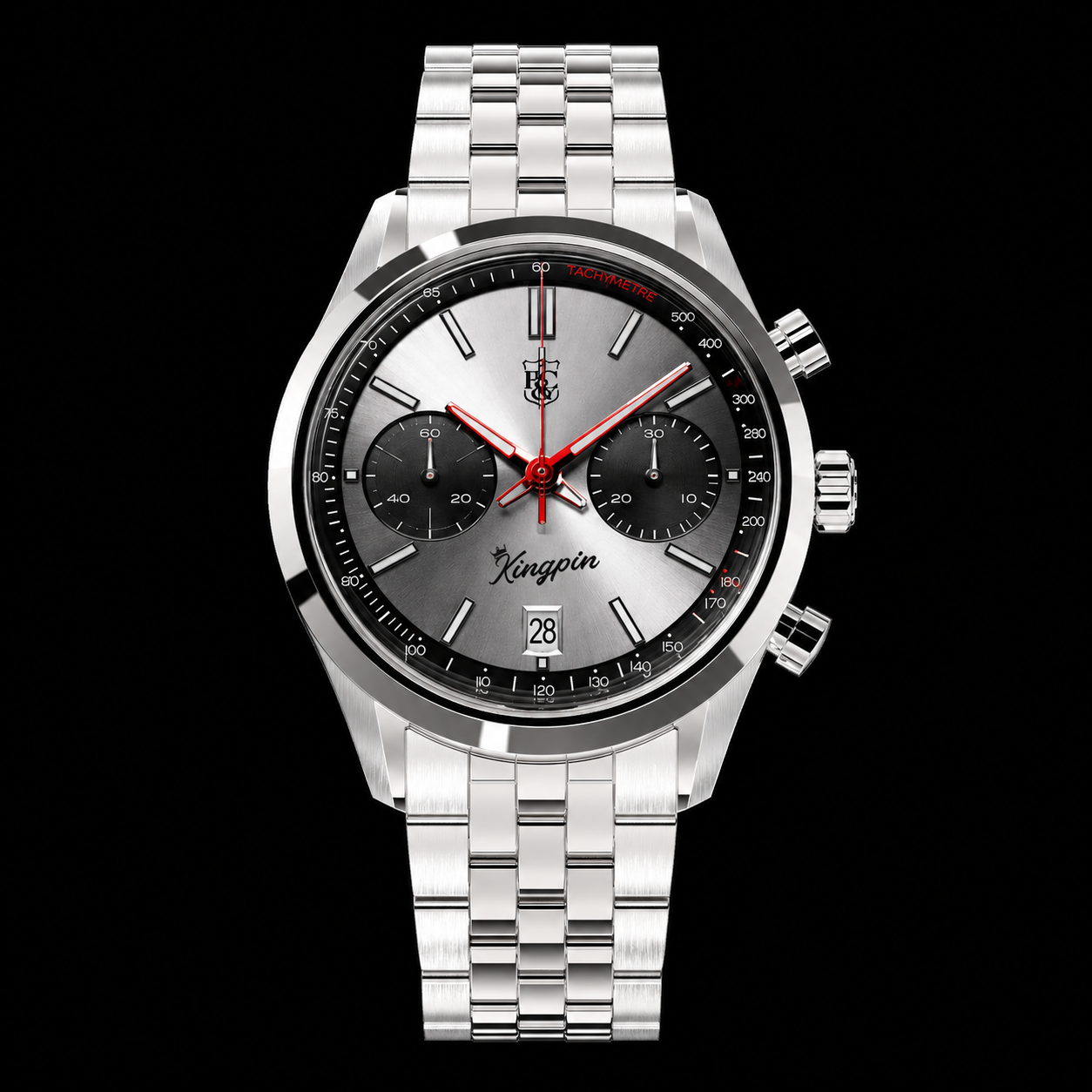 Hurst & Co. Kingpin chronograph design render with silver dial, black subdials and steel bracelet