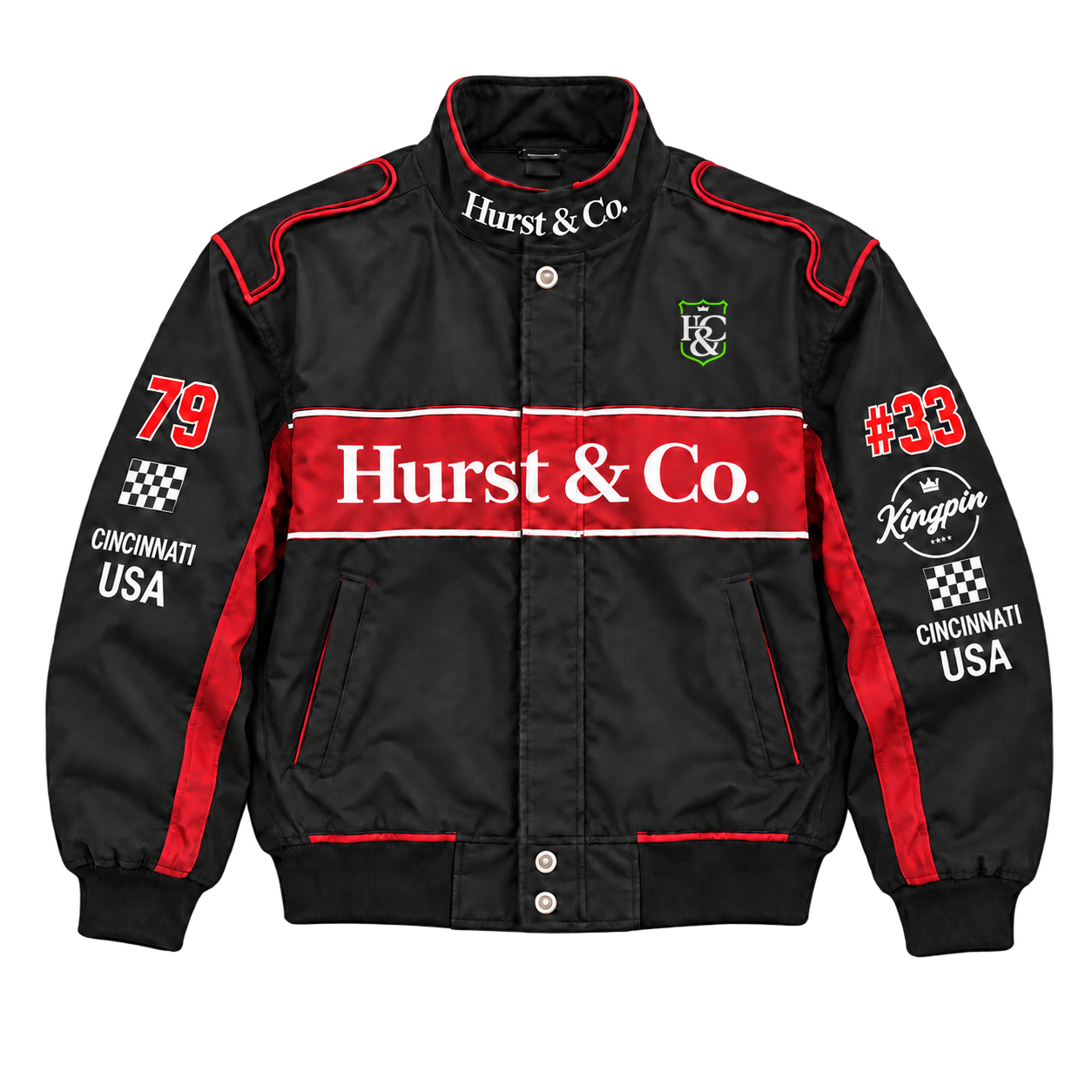 Race jacket — front view with 79, #33 and Kingpin sponsor logo