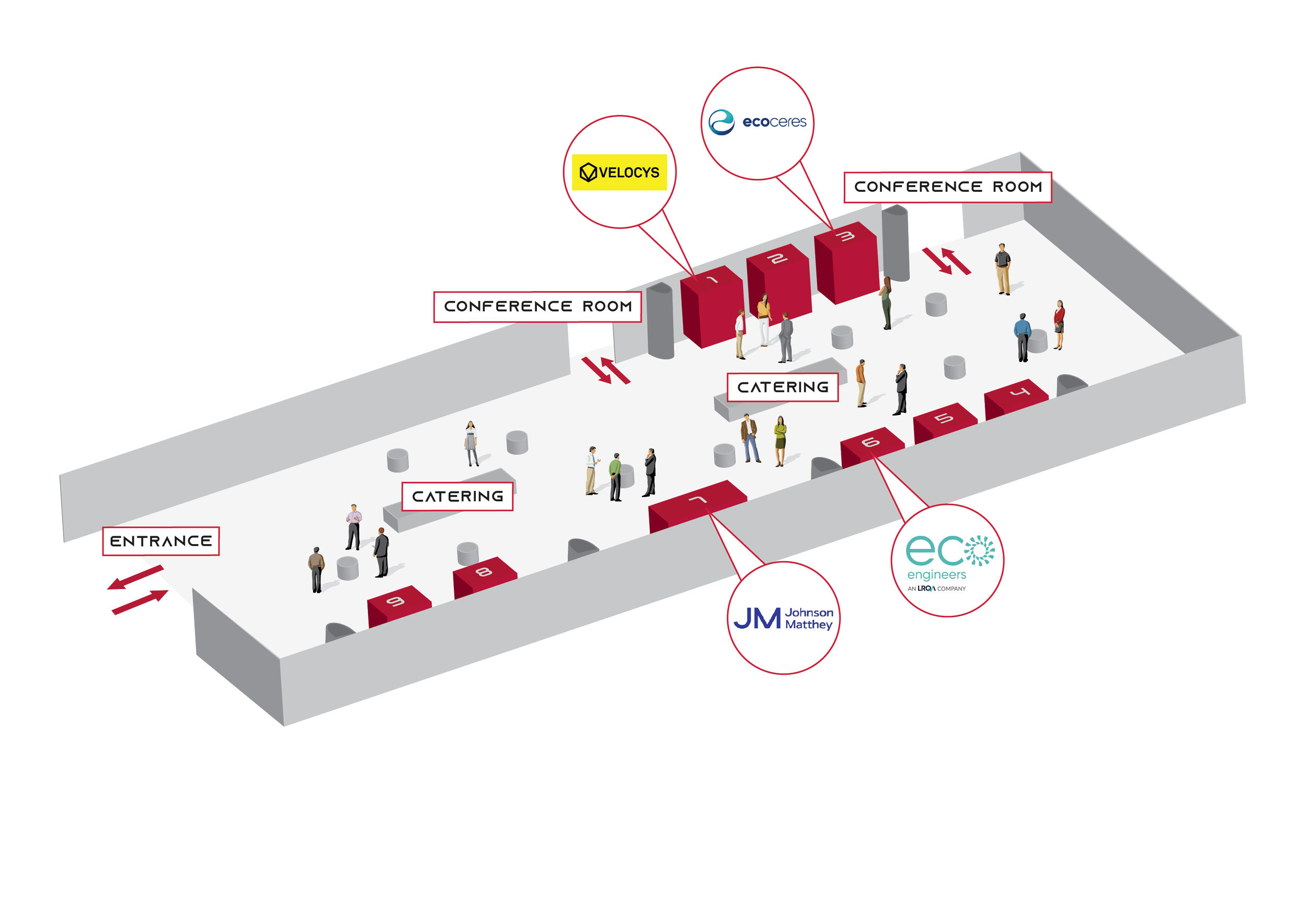 SAF China 2026 exhibition floorplan showing exhibitor stands 1&ndash;9, conference rooms, catering areas and entrance, with Velocys at Stand 1, EcoCeres at Stand 3 and Johnson Matthey at Stand 7