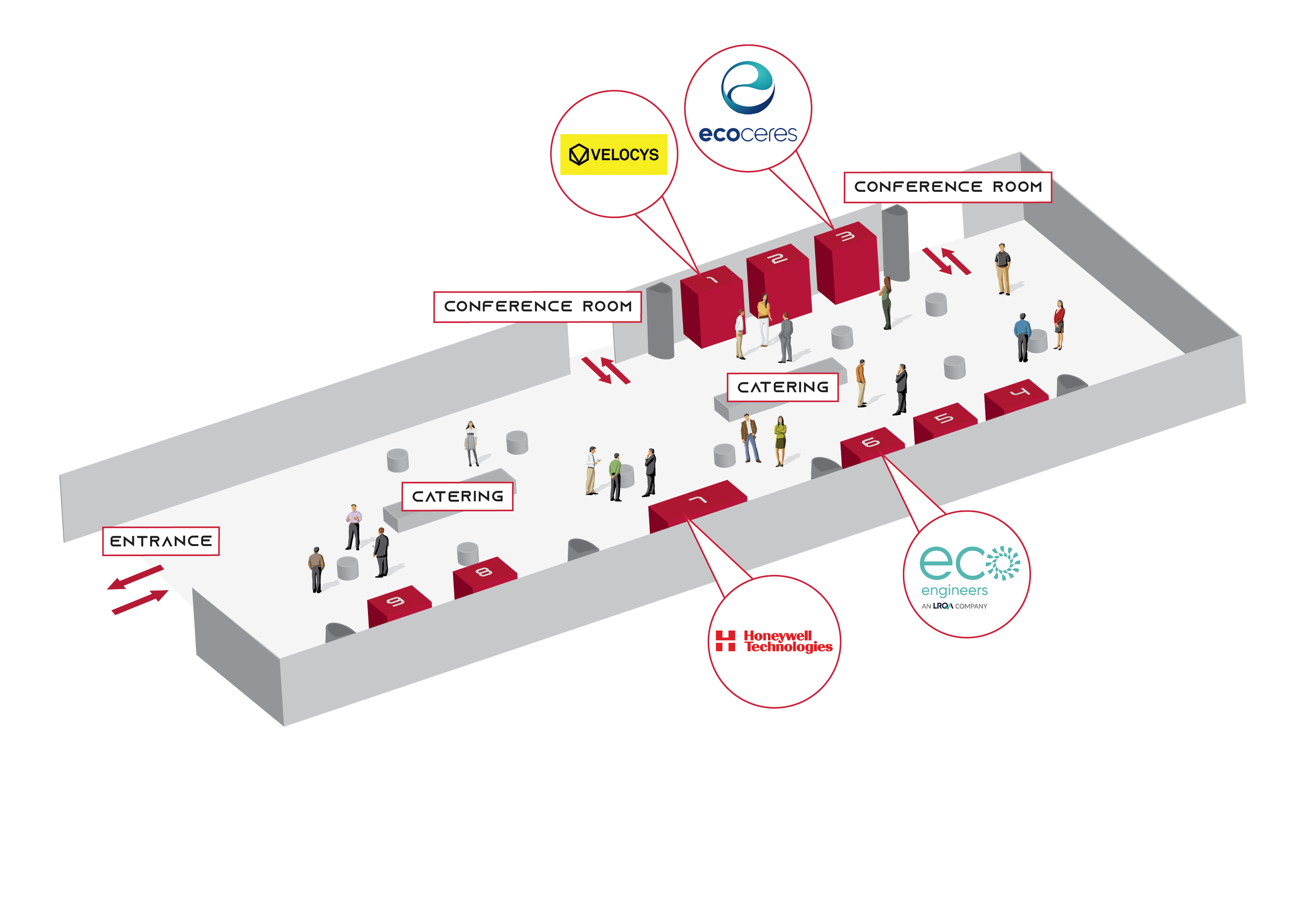 SAF China 2026 exhibition floorplan showing exhibitor stands 1&ndash;9, conference rooms, catering areas and entrance, with Velocys at Stand 1, EcoCeres at Stand 3 and Johnson Matthey at Stand 7