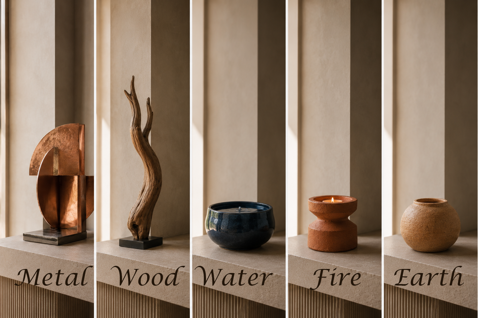 The five elements of Feng Shui — wood, fire, earth, metal, and water — and how they interact