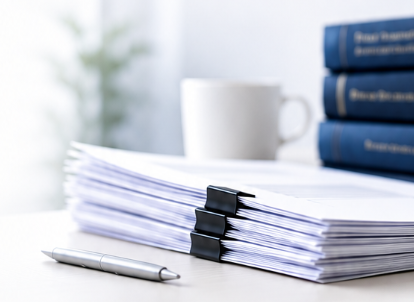 Desk with stacked documents, pen and legal books