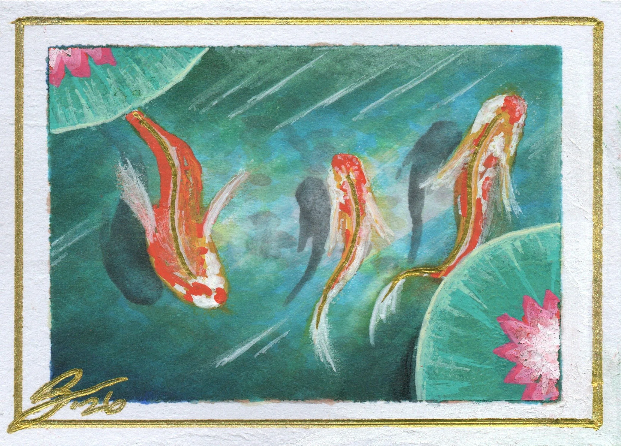 Koi of Dragon’s Gate: three koi with gilded fins move through deep teal water.