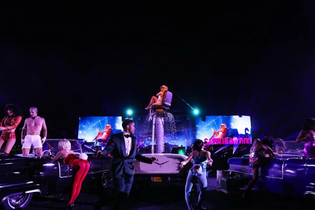 Company in costume under stage light during a show.