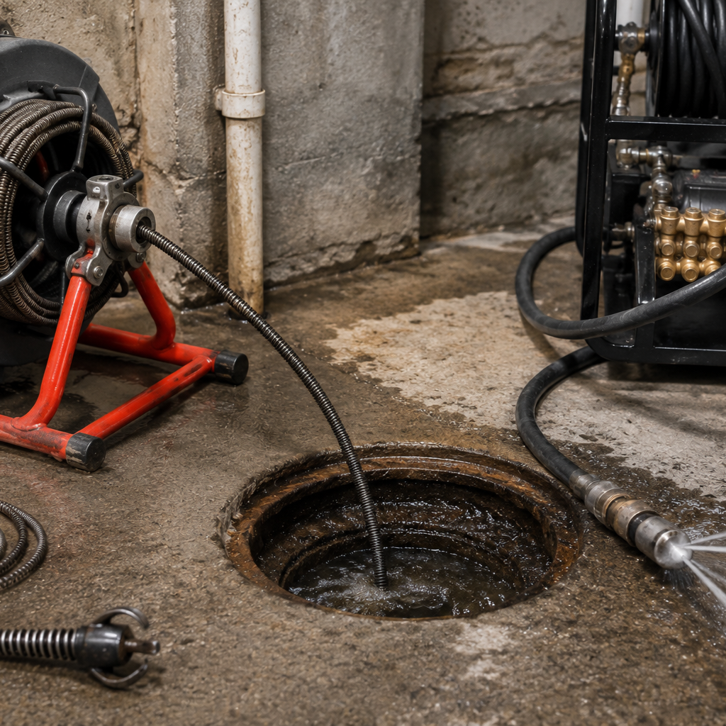 rusted drain snake cable coiled on concrete floor