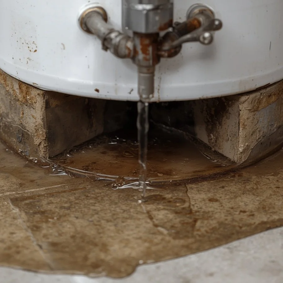 rusted residential water heater leaking at base