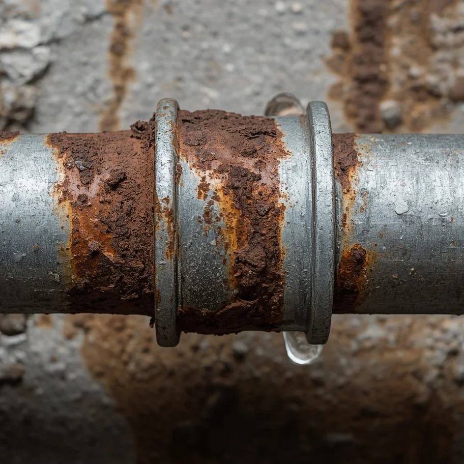 corroded galvanized pipe with rust stains at threaded joint