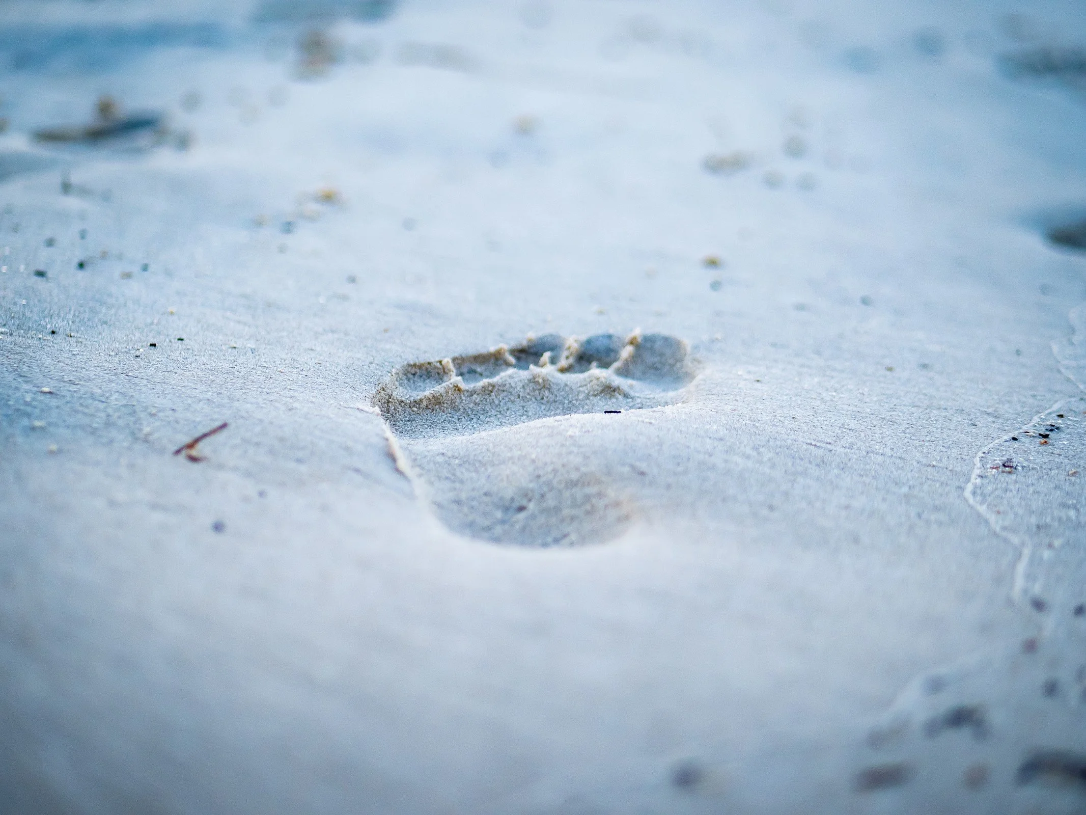 A single footprint in pale blue shaded sand.