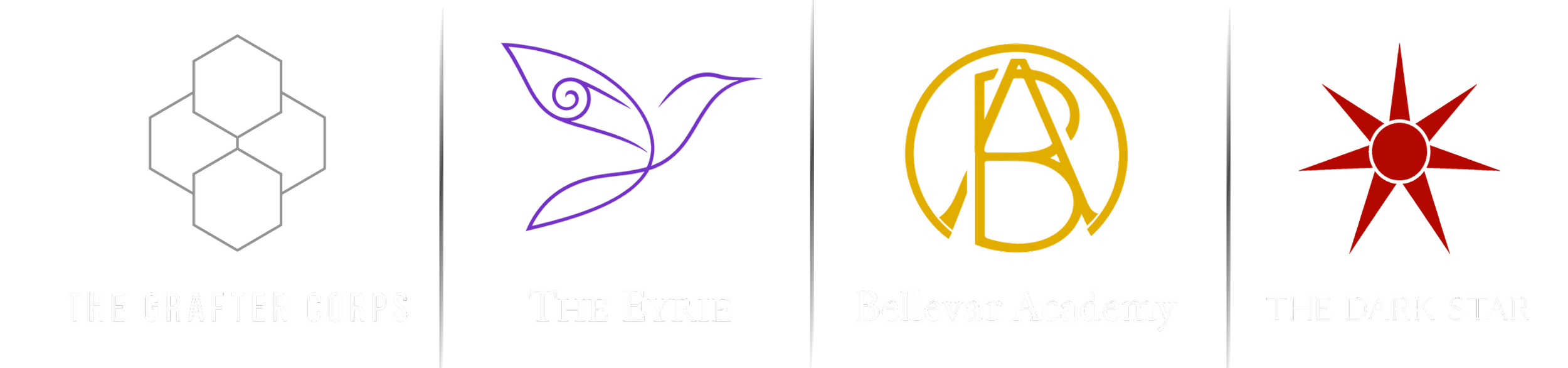 Four faction emblems from The First Stone: The Grafter Corps hexagon crest, The Eyrie winged emblem, Bellevar Academy golden seal, and The Dark Star red starburst