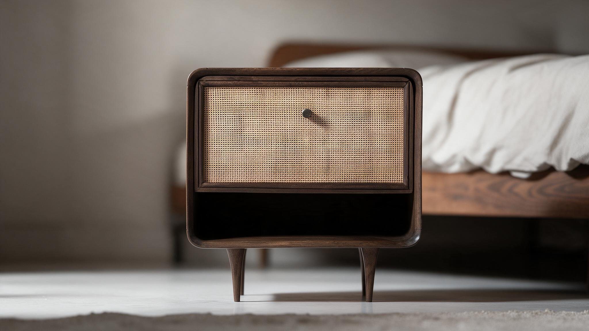 Dark Wood Bedside Table with Cane Rattan