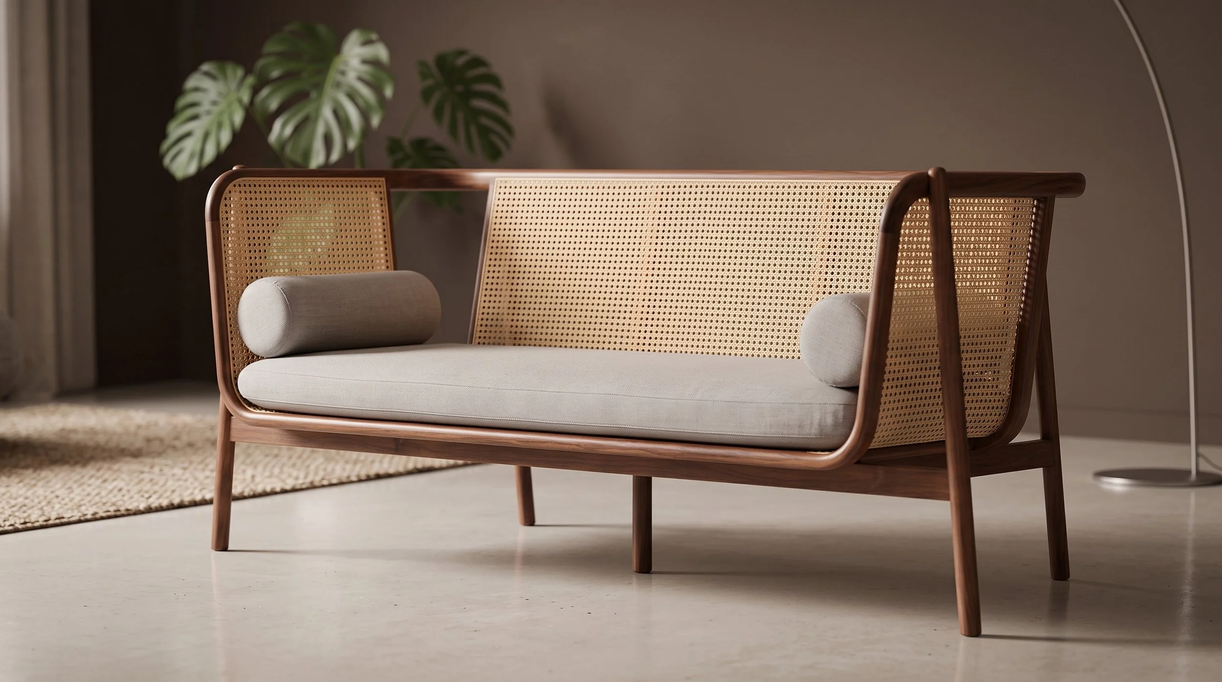 Wooden Sofa with Cane Backrest