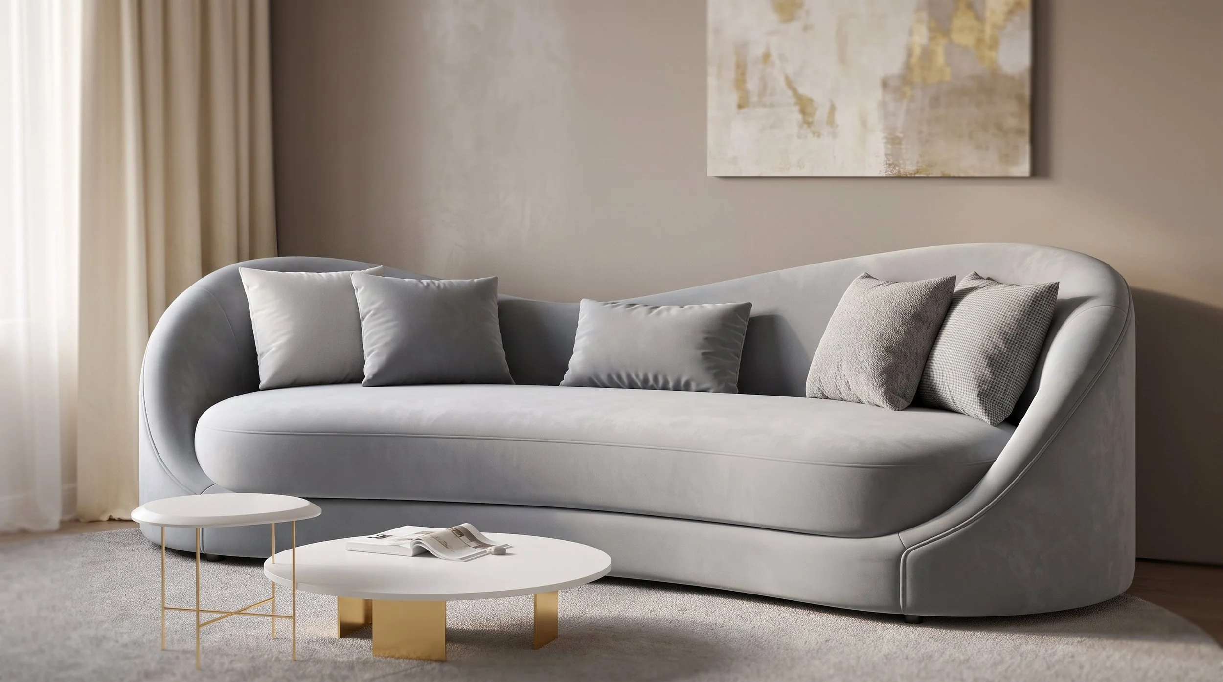 Curved Sofa with Throw Pillows