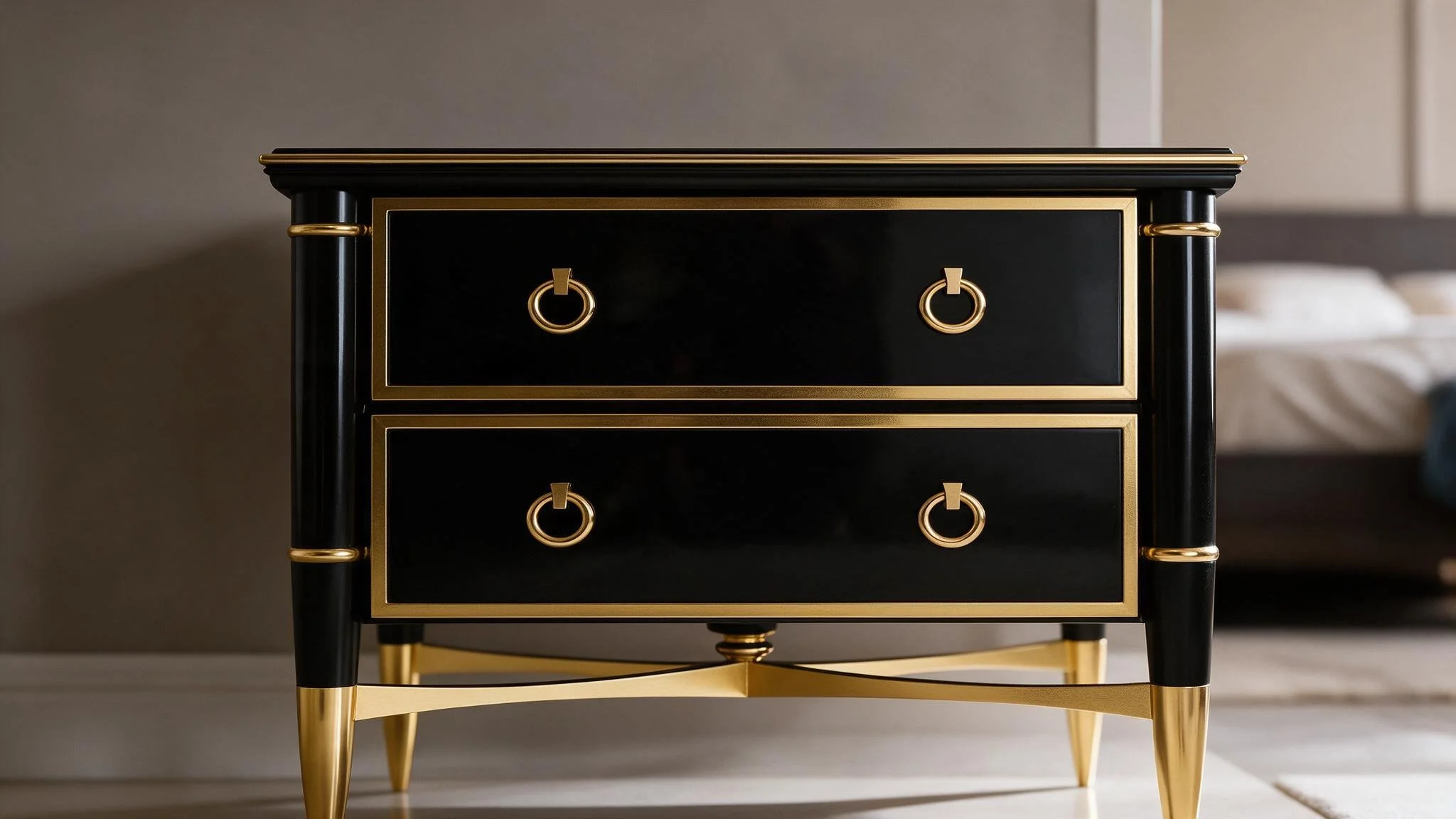 Black Lacquer Bedside Table with Gold Trim