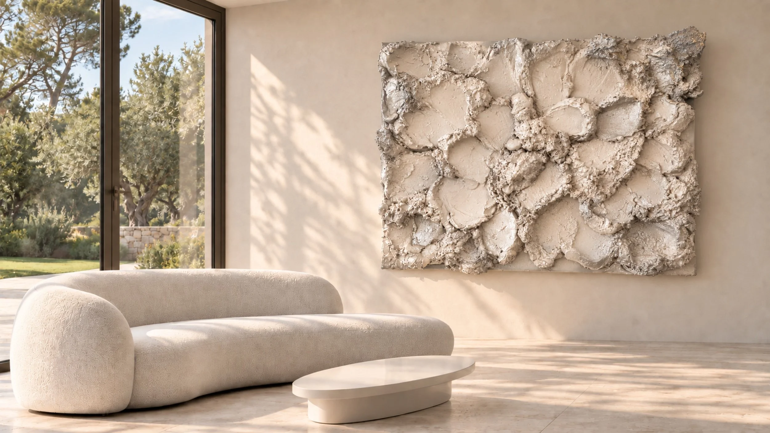 Éclat d’argent (Silver Radiance) by Naïah: white and silver sculptural wall art visualised beside a glass doorway in a light-filled villa.