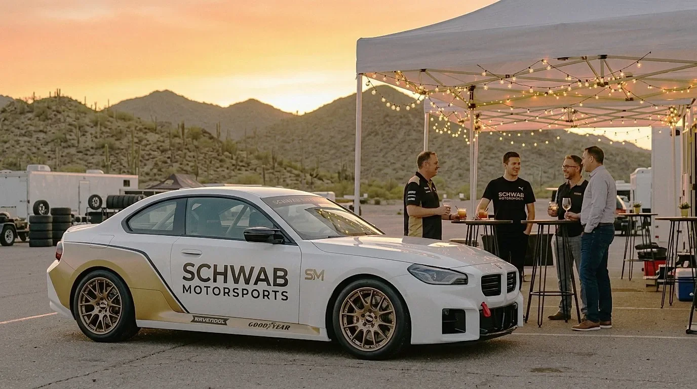 Schwab Motorsports race car at dusk